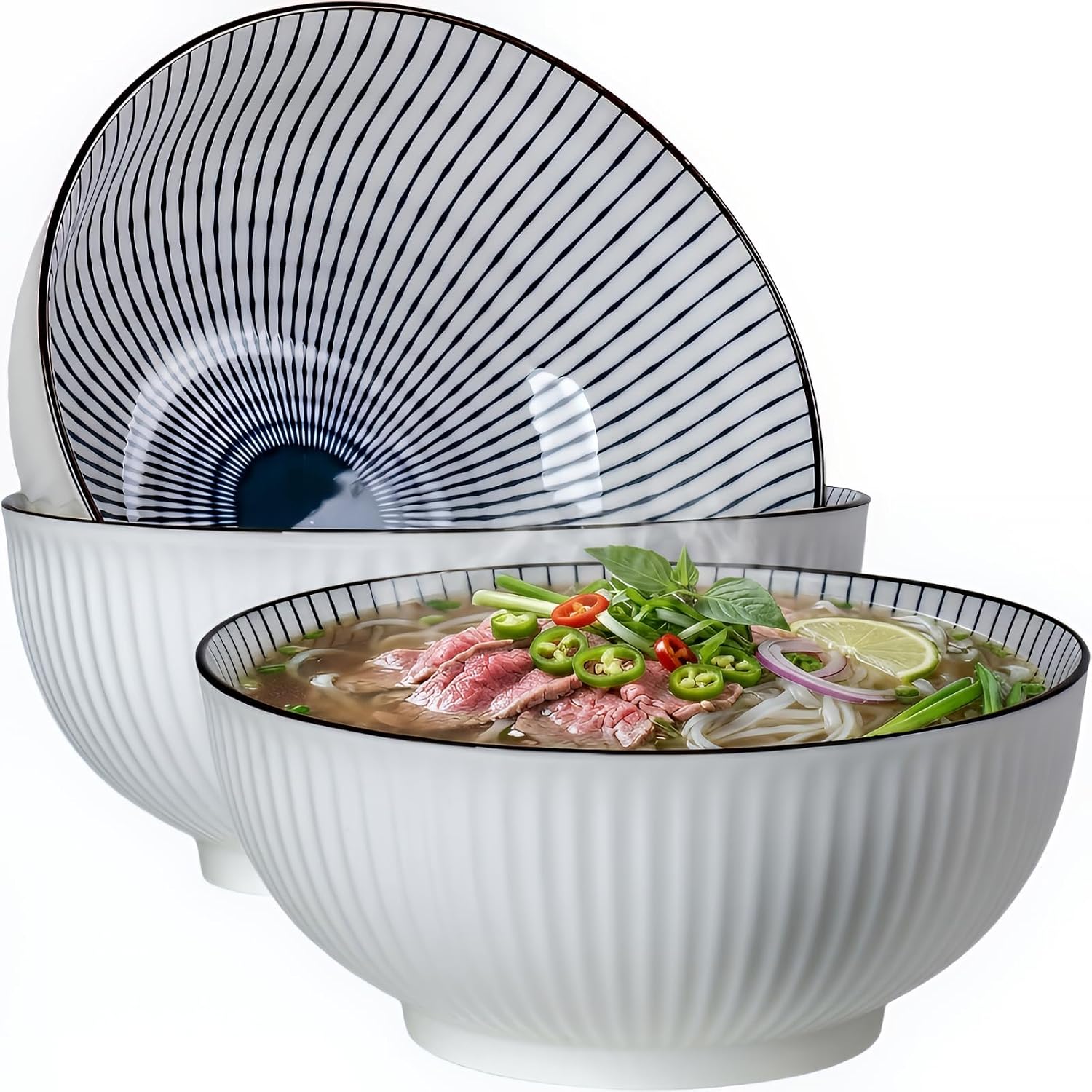 Large Porcelain Soup Bowls, 60 Oz, Blue White, Striped, Set of 3 - Image 2