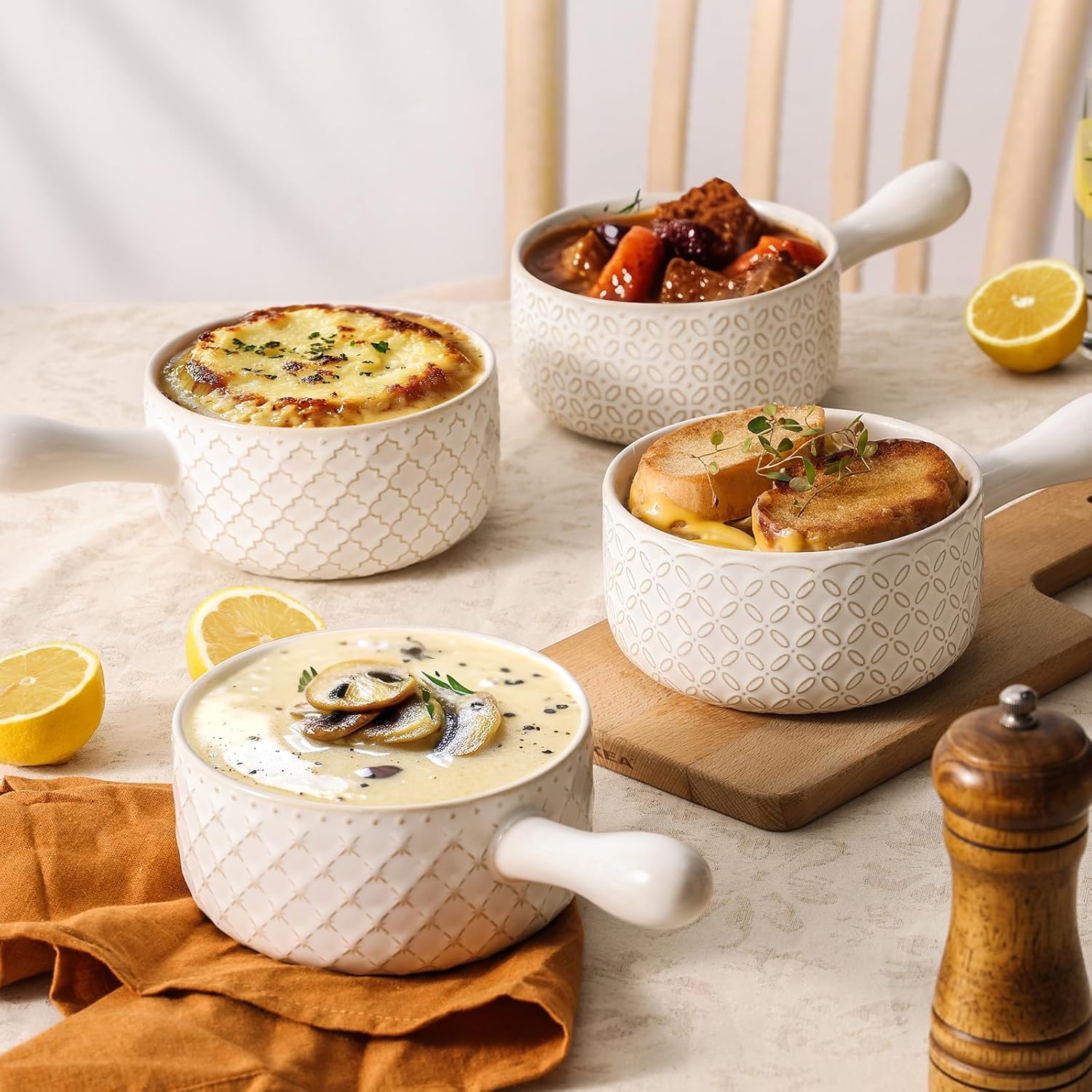 Ceramic Soup Bowls with Handles, 18 Oz, Stackable, Set of 4